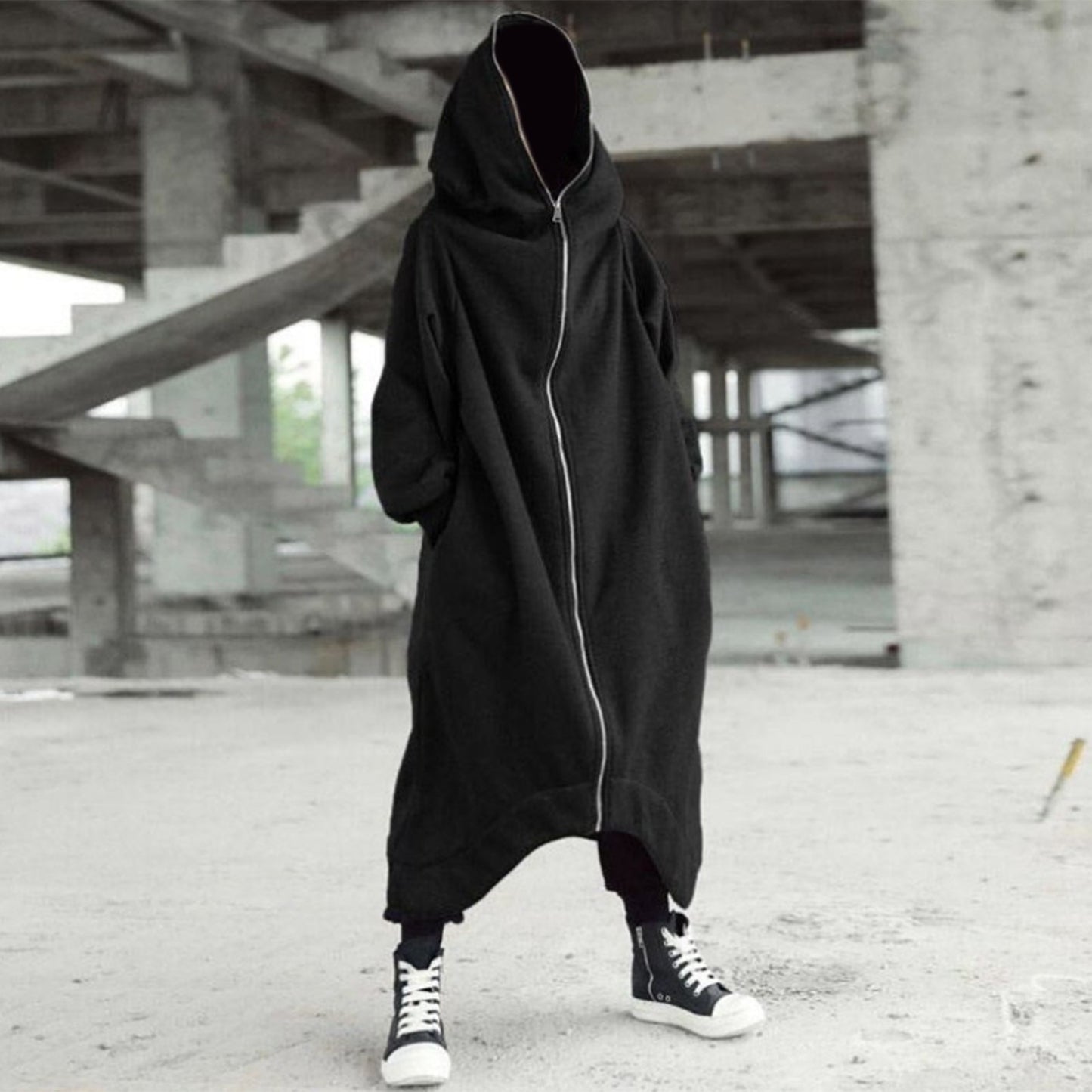 Men&#39;s Zipper Long Hooded Solid Color Personality Dark Style Full Body Sweatshirts Winter Warm Male Hip Hop Jacket Plus Size 5xl