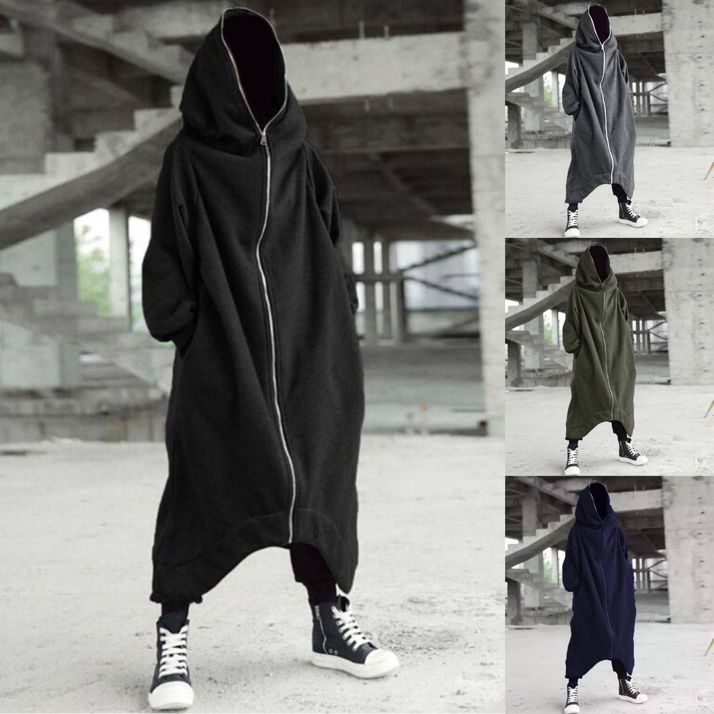 Men&#39;s Zipper Long Hooded Solid Color Personality Dark Style Full Body Sweatshirts Winter Warm Male Hip Hop Jacket Plus Size 5xl