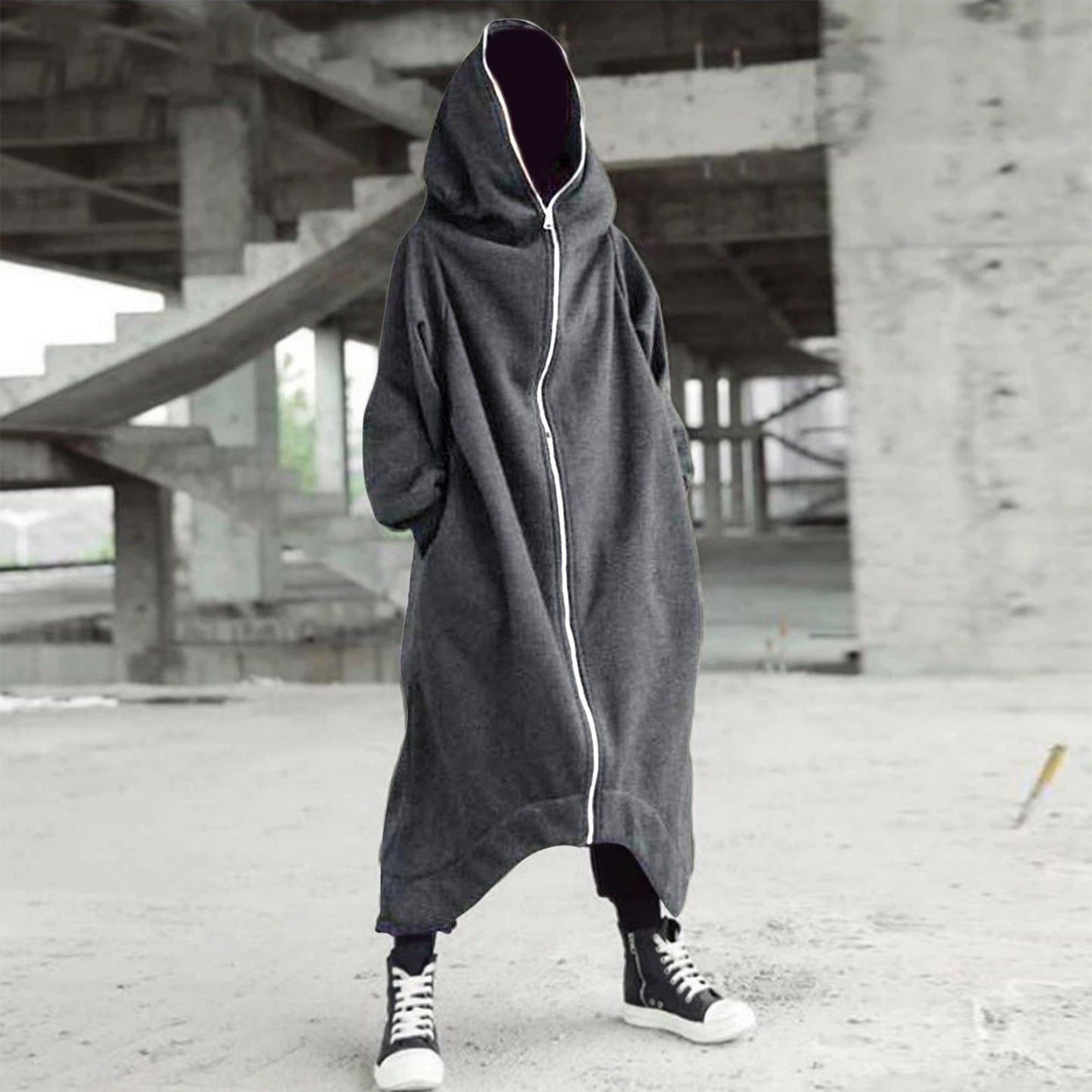 Men&#39;s Zipper Long Hooded Solid Color Personality Dark Style Full Body Sweatshirts Winter Warm Male Hip Hop Jacket Plus Size 5xl