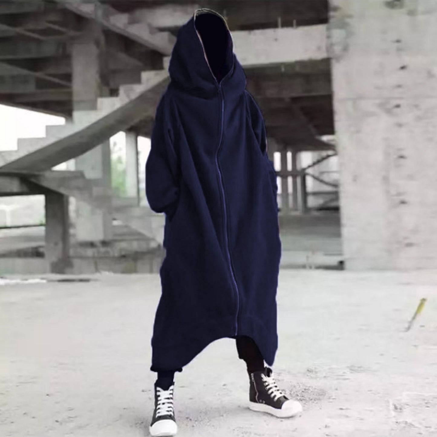 Men&#39;s Zipper Long Hooded Solid Color Personality Dark Style Full Body Sweatshirts Winter Warm Male Hip Hop Jacket Plus Size 5xl