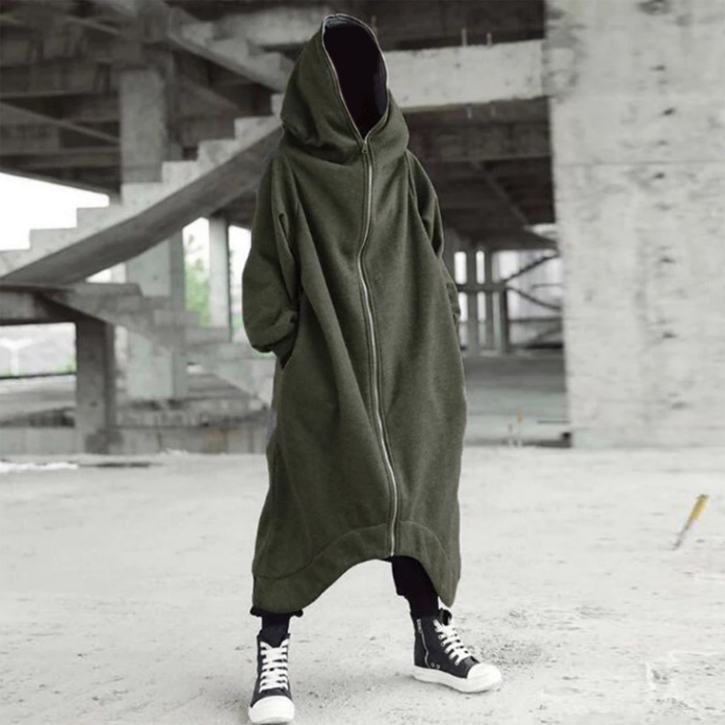 Men&#39;s Zipper Long Hooded Solid Color Personality Dark Style Full Body Sweatshirts Winter Warm Male Hip Hop Jacket Plus Size 5xl